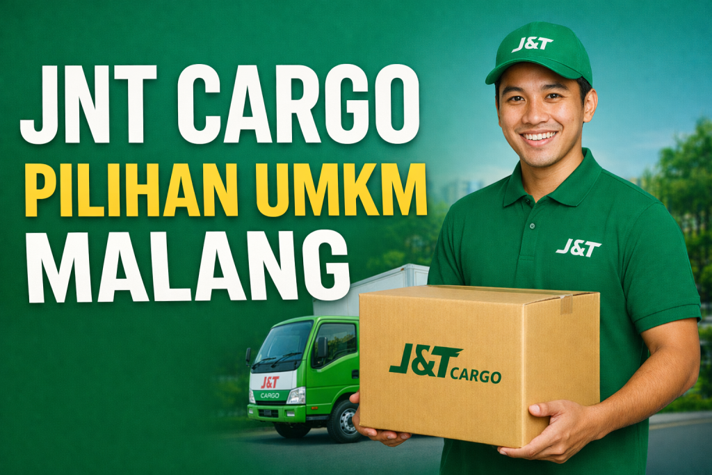 Thumbnail hijau JNT Cargo dengan ilustrasi truk dan elemen logistik untuk kontek UMKM Malang